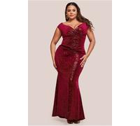 Goddiva Plus Sequin & Velvet Bardot Maxi Dress - Wine by Goddiva Plus - Wine - 22