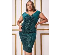 Goddiva Plus Sequin & Velvet Bardot Midi - Emerald Green by Goddiva Plus - Emerald - 26