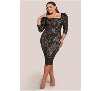 Goddiva Plus Square Neck Scalloped Embroidered Sequin Midi Dress - Black by Goddiva Plus - Black - 22