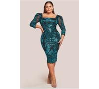 Goddiva Plus Square Neck Scalloped Embroidered Sequin Midi Dress - Emerald Green by Goddiva Plus - Emerald - 22