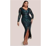 Goddiva Plus Tassel & Sequin Midaxi With Front Split - Emerald Green by Goddiva Plus - Emerald - 18