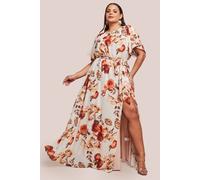 Goddiva Plus Wrap Back Flutter Sleeve Maxi In Beige Beige 22