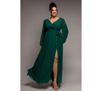 Goddiva Plus Wrap Back With Front Slit Chiffon Maxi Dress - Emerald Green by Goddiva Plus - Green - 20