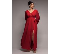 Goddiva Plus Wrap Back With Front Slit Chiffon Maxi Dress - Red by Goddiva Plus - Red - 24