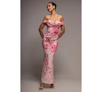 Goddiva Printed Cowl Neck Pleated Waist Maxi Dress In Pink Pink