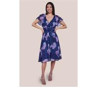 Goddiva Printed Lurex A-Line Flutter Sleeve Midi Dress - Navy by Goddiva - Navy - 12