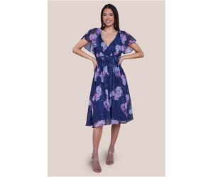 Goddiva Printed Lurex A-Line Flutter Sleeve Midi Dress - Navy by Goddiva - Navy - 18