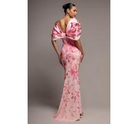 Goddiva Printed Off Shoulder Satin Bow Back Maxi Dress - Blush Pink by Goddiva - Blush - 12