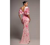 Goddiva Printed Off Shoulder Satin Bow Back Maxi Dress In Pink Pink