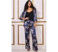 Goddiva Printed Satin Wide Leg Trouser - Navy by Goddiva - Navy - 16