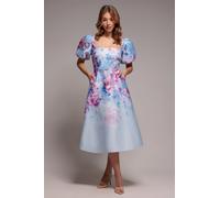 Goddiva Printed Scuba Square Neck Puff Sleeve Midi Dress - Blue by Goddiva - Blue - 8