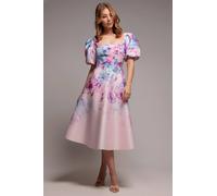 Goddiva Printed Scuba Square Neck Puff Sleeve Midi Dress - Blush Pink by Goddiva - Blush - 12