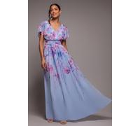 Goddiva Printed Silky Chiffon Flutter Sleeve Maxi Dress - Blue by Goddiva - Blue - 12