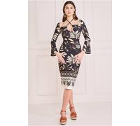 Goddiva Printed Tie Back Midi Dress In Black Black
