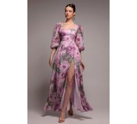 Goddiva Puff Sleeve A-Line Printed Chiffon Maxi Dress With Split - Blush Pink by Goddiva - Blush - 18