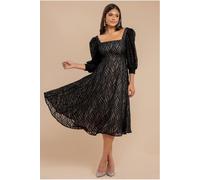 Goddiva Puff Sleeve Side Slit Flared Jacquard Chiffon Midi Dress - Black by Goddiva - Black - 10