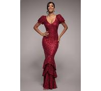 Goddiva Puff Sleeve Tiered Hem Maxi Dress In Wine Wine