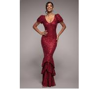 Goddiva Puff Sleeve Tiered Hem Maxi Dress - Wine by Goddiva - Wine - 14