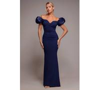 Goddiva Puffy Satin Sleeve Scuba Maxi Dress In Navy Navy 16