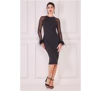 Goddiva Racer Neck Scuba Crepe Feather Sleeve Midi - Black by Goddiva - Black - 8