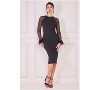 Goddiva Racer Neck Scuba Crepe Feather Sleeve Midi In Black Black