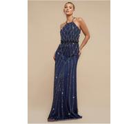 Goddiva Racer Neck Sleeveless Hand Embellished Sequin Maxi Dress - Navy Blue by Goddiva - Navy Blue - 10