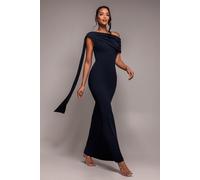 Goddiva Sash One Shoulder Bardot Maxi Dress - Navy Blue by Goddiva - Navy - 16