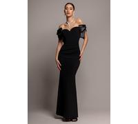 Goddiva Satin Bow Bardot Sheath Maxi Dress - Black by Goddiva - Black - 18