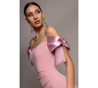 Goddiva Satin Bow Bardot Sheath Maxi Dress - Blush Pink by Goddiva - Blush - 14