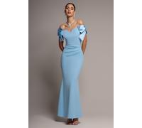 Goddiva Satin Bow Bardot Sheath Maxi Dress - Ice Blue by Goddiva - Iceblue - 18