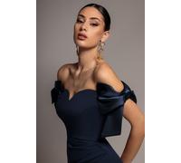 Goddiva Satin Bow Bardot Sheath Maxi Dress - Navy Blue by Goddiva - Navy - 18