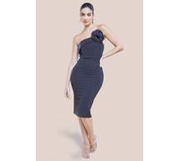 Goddiva Satin Corsage Scuba Crepe Midi Dress In Black Black 14