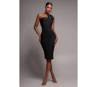Goddiva Satin Corsage Scuba Crepe Midi Dress In Black Black