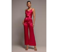 Goddiva Satin Cowl Neck Jumpsuit - Cerise by Goddiva - Cerise - 14