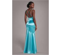 Goddiva Satin Cowl Neck With Strappy Back Maxi - Aqua by Goddiva - Aqua - 16