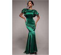 Goddiva Satin Flutter Sleeve Mermaid Maxi - Emerald Green by Goddiva - Emerald - 8