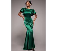 Goddiva Satin Flutter Sleeve Mermaid Maxi In Emerald Emerald