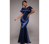 Goddiva Satin Flutter Sleeve Mermaid Maxi In Navy Navy