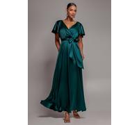 Goddiva Satin Flutter Sleeve Wrap Maxi Dress In Green Green