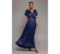 Goddiva Satin Flutter Sleeve Wrap Maxi Dress In Navy Navy