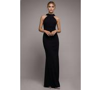 Goddiva Satin Multi-Tie Halterneck Maxi Dress - Black by Goddiva - Black - 12