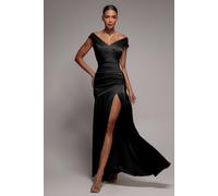 Goddiva Satin Off Shoulder Pleated Maxi Dress In Black Black