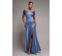 Goddiva Satin Off Shoulder Pleated Maxi Dress In Light Blue Light Blue