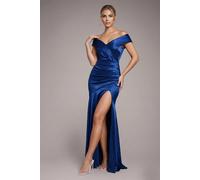 Goddiva Satin Off Shoulder Pleated Maxi Dress - Navy Blue by Goddiva - Navy - 10