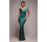 Goddiva Satin Off The Shoulder Maxi Dress - Emerald Green by Goddiva - Emerald Green - 12
