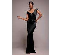 Goddiva Satin Off The Shoulder Maxi Dress In Black Black 16
