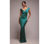 Goddiva Satin Off The Shoulder Maxi Dress In Emerald Emerald 12