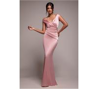Goddiva Satin Off The Shoulder Maxi Dress - Pink by Goddiva - Pink - 8