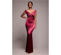 Goddiva Satin Off The Shoulder Maxi Dress - Wine by Goddiva - Wine - 16