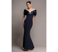 Goddiva Satin Plunge Neck Bardot Scuba Maxi Dress - Navy Blue by Goddiva - Navy - 8